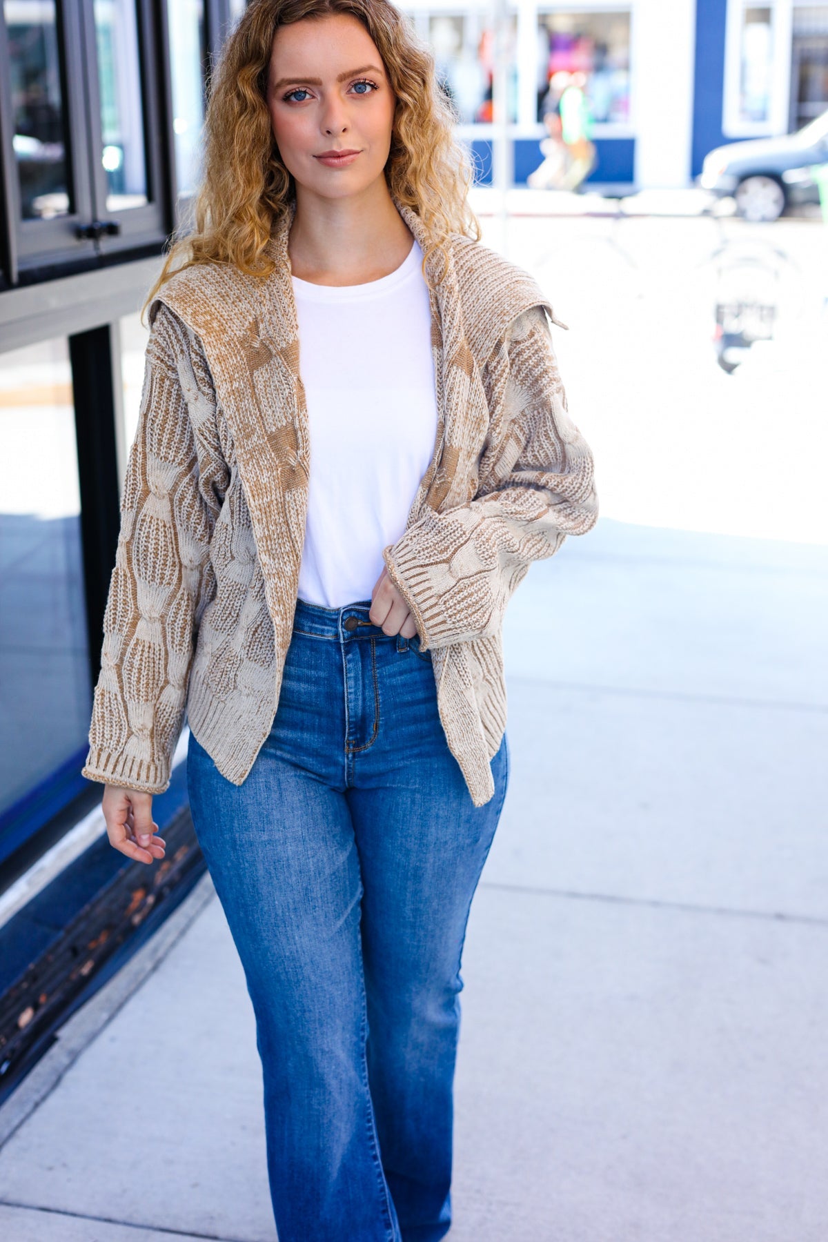 Cozy Taupe Textured Cable Knit Collared Cardigan for Women | Autumn Fall Sweater | Perfect for Layering, Office Wear & Casual Outfits