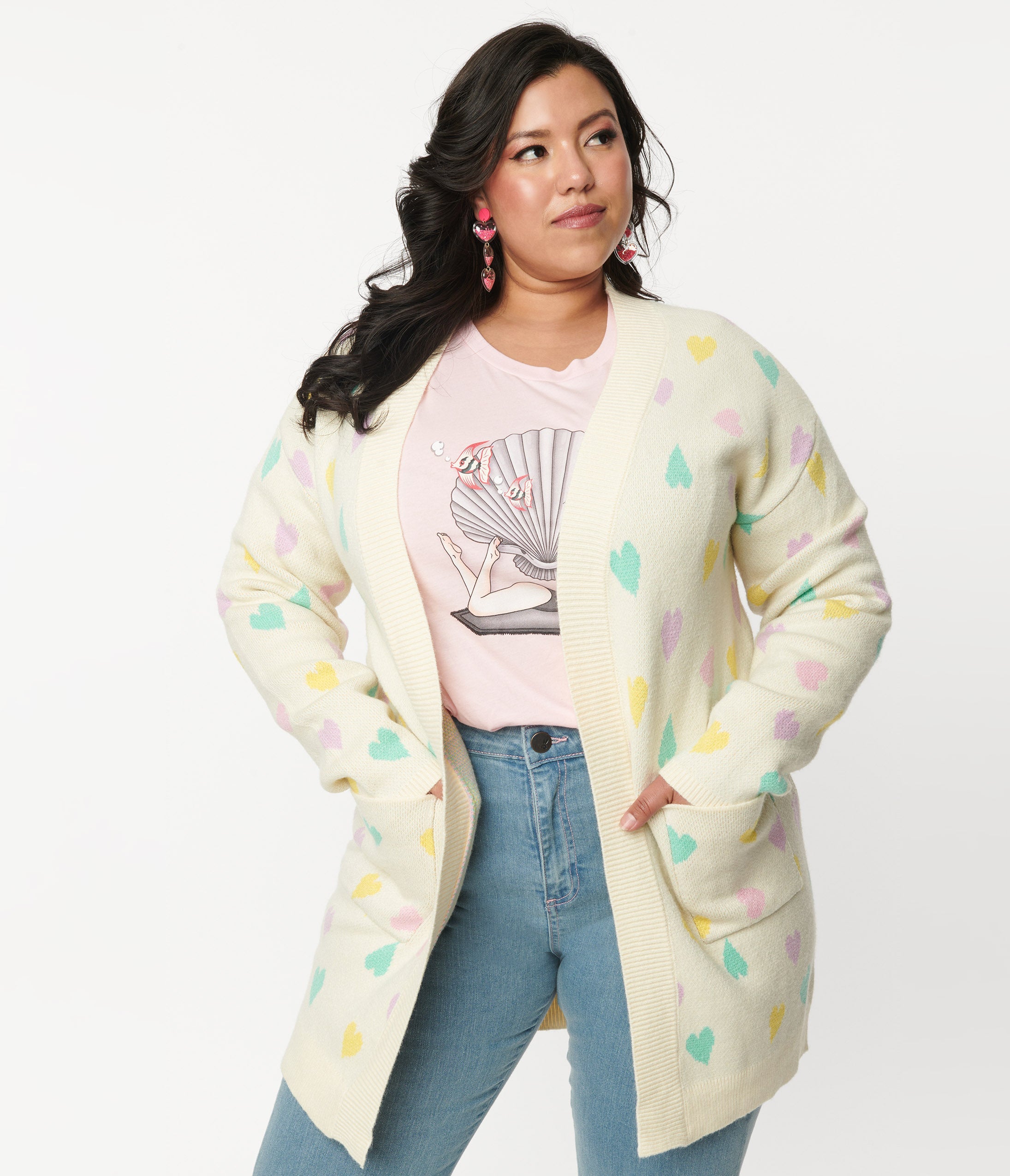 Plus Size Cream & Pastel Hearts Cardigan for Women - Soft Knit Open Front Sweater | Casual Chic Outfits for Date Night & Spring Layering