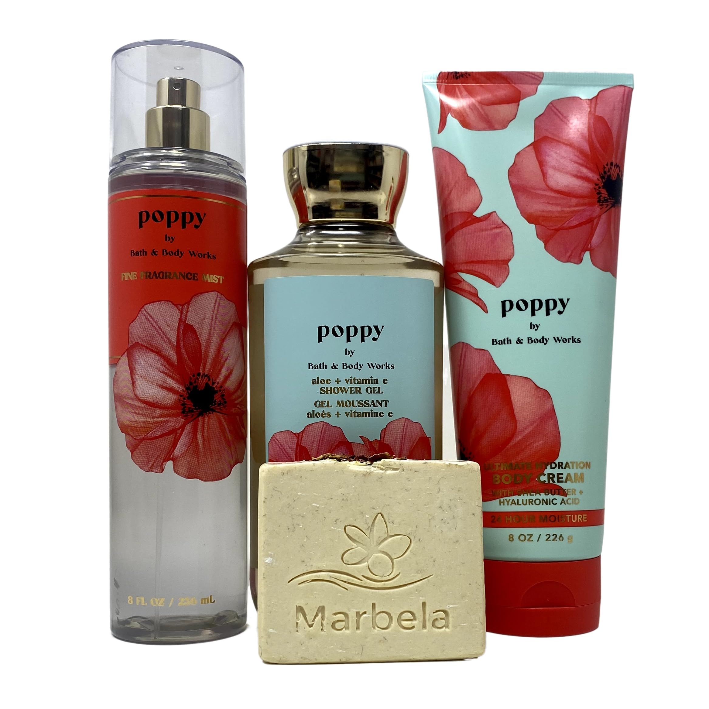 Bath & Body Works Poppy Gift Set - Fragrance Mist, Body Cream & Shower Gel with Creamy Rose Soap Bar - Perfect for Valentine's Day Gifts, Birthday Presents & Self-Care Pampering