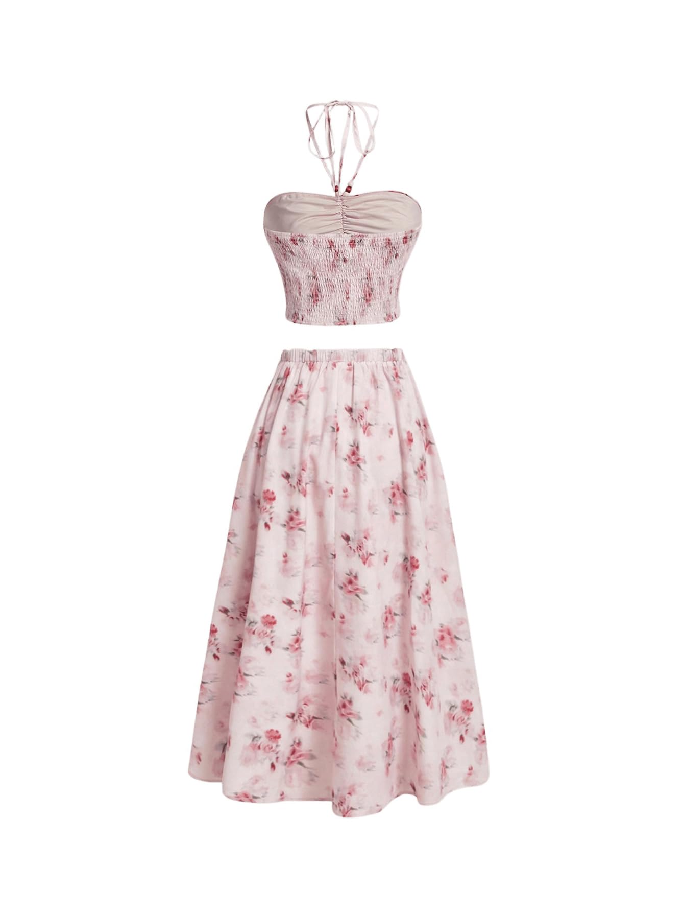Women's Floral Print 2 Piece Outfit - Sleeveless Pleated Halter Crop Top & Maxi Skirt Set | Summer Beachwear, Vacation Outfits, Boho Chic Fashion