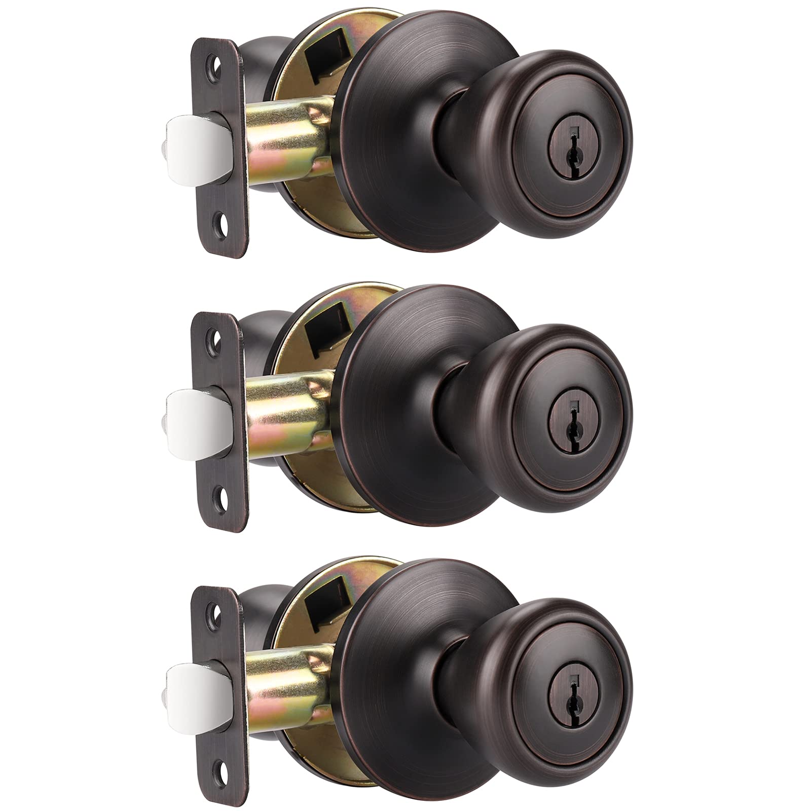 GOBEKOR 3 Pack Keyed Entry Door Knobs - Oil Rubbed Bronze Exterior Door Knob with Lock & Key, Secure Tulip Style Entry Door Lock for Home, Office & Commercial Use