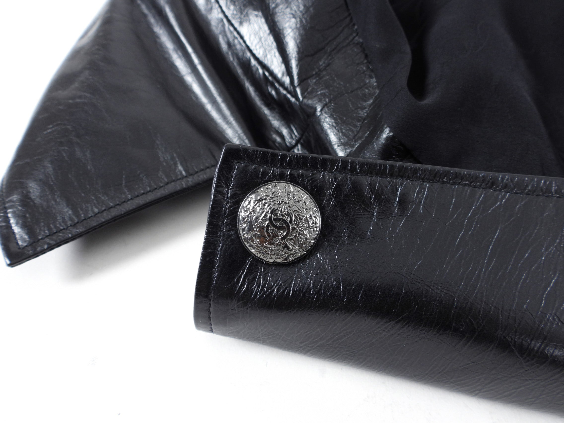 Chanel 14K Gold Black Leather Flare Coat - Size FR38 (US Medium) - Luxury Outerwear for Evening Events & Winter Fashion