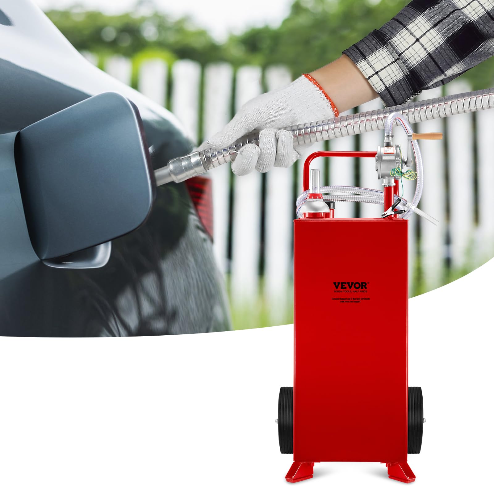 VEVOR 30 Gallon Portable Fuel Caddy with Manual Pump - Gas & Diesel Storage Tank on Wheels for Cars, Lawn Mowers, ATVs, Boats - Ideal for Home, Farm & Outdoor Use