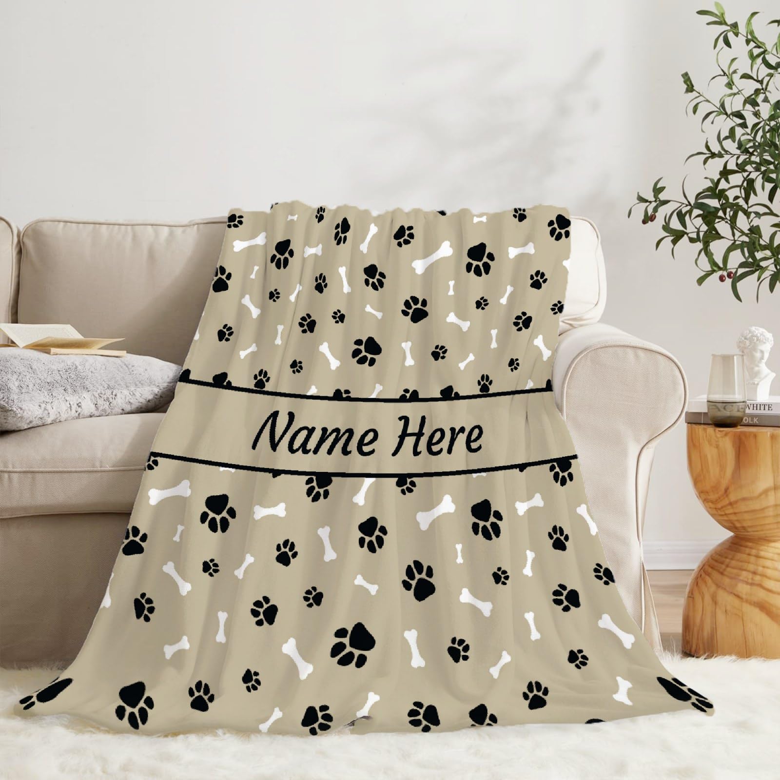 **Custom Personalized Dog Blanket with Name - Soft Cozy Fleece Pet Blanket for Puppy, Cute Dog Paws & Bones Design - Perfect Gift for Dog Lovers, Mom & Dad - Great for Bed, Sofa, Couch & Travel**