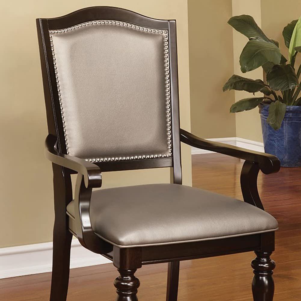 Set of 2 Dark Walnut Solid Wood Arm Chairs with Leatherette Upholstered Seats & Turned Legs - Classic Contemporary Dining Room Furniture for Kitchen, Living Room & Office