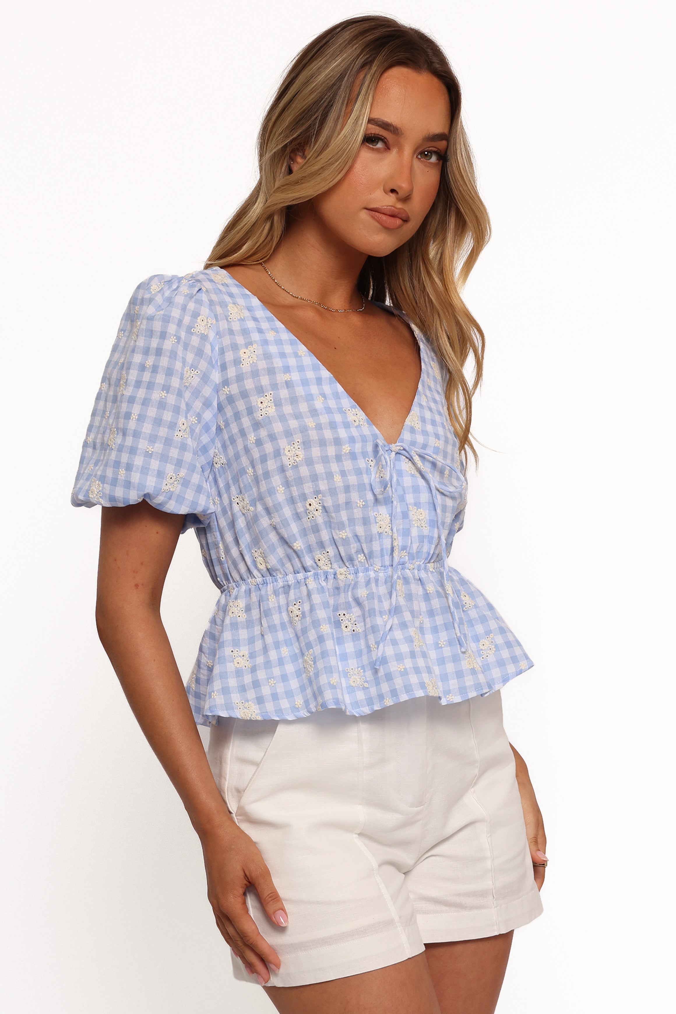 Cecelia Top Women's Blue Gingham Button Down Shirt - Casual Summer Blouse for Picnic, Beach & Date Night