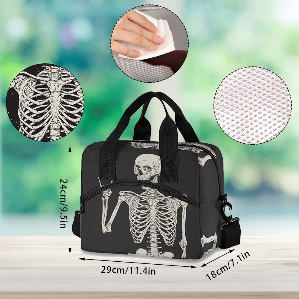 TropicalLife Reusable Insulated Lunch Bag with Adjustable Shoulder Strap - Goth Skull Pattern Soft-Sided Lunch Box for Women & Men (Black) - Perfect for Work, School, Picnics & Outdoor Activities