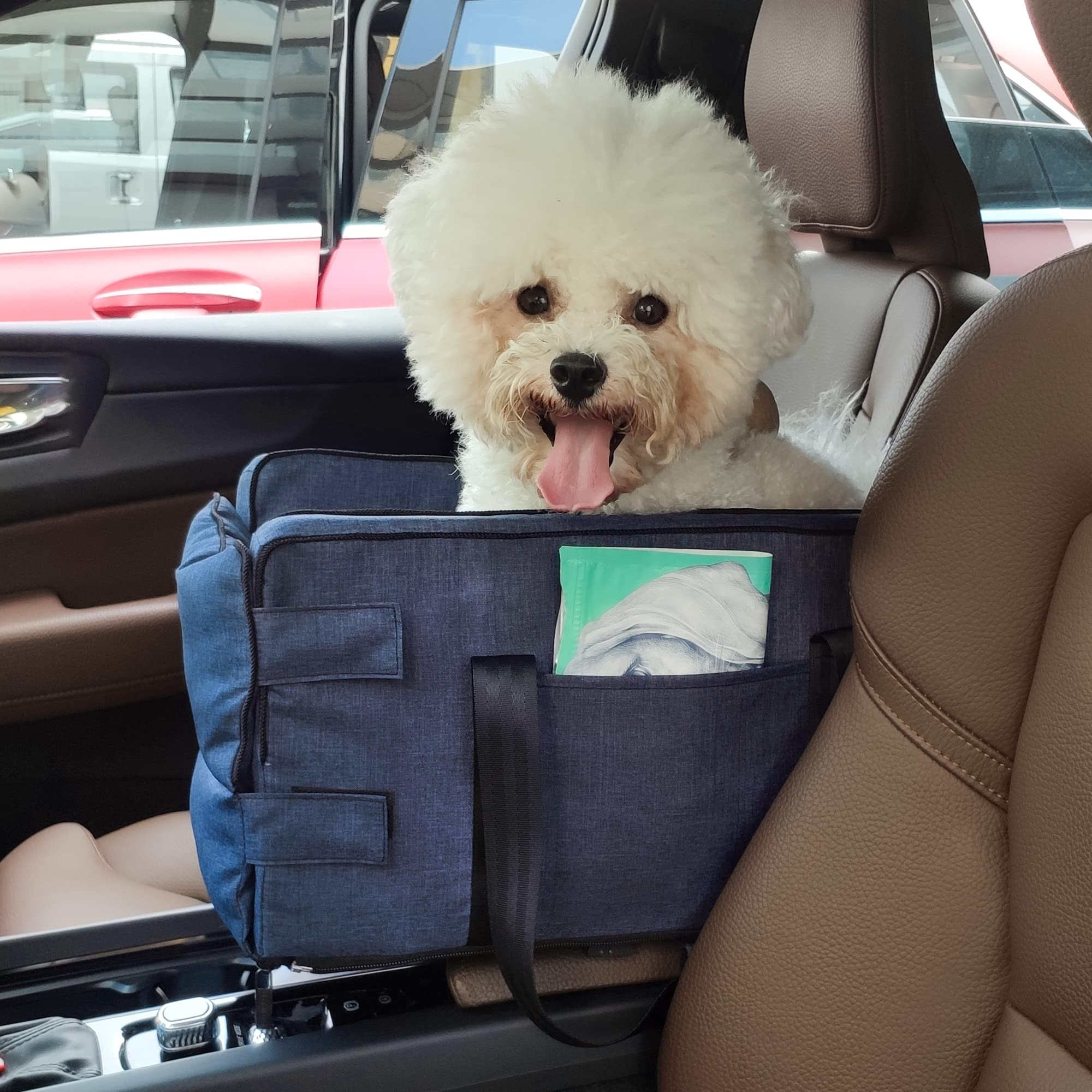 Premium Small Dog & Cat Booster Seat - Travel Car Carrier Bed with Armrest Console | Detachable Pet Travel Bag for Most Vehicles | Perfect for Road Trips & Daily Commutes with Your Pet