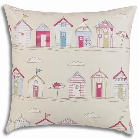 Coast Beach Huts Pink Cushion Cover - Waterproof Outdoor Pillow Case for Patio, Poolside & Coastal Decor