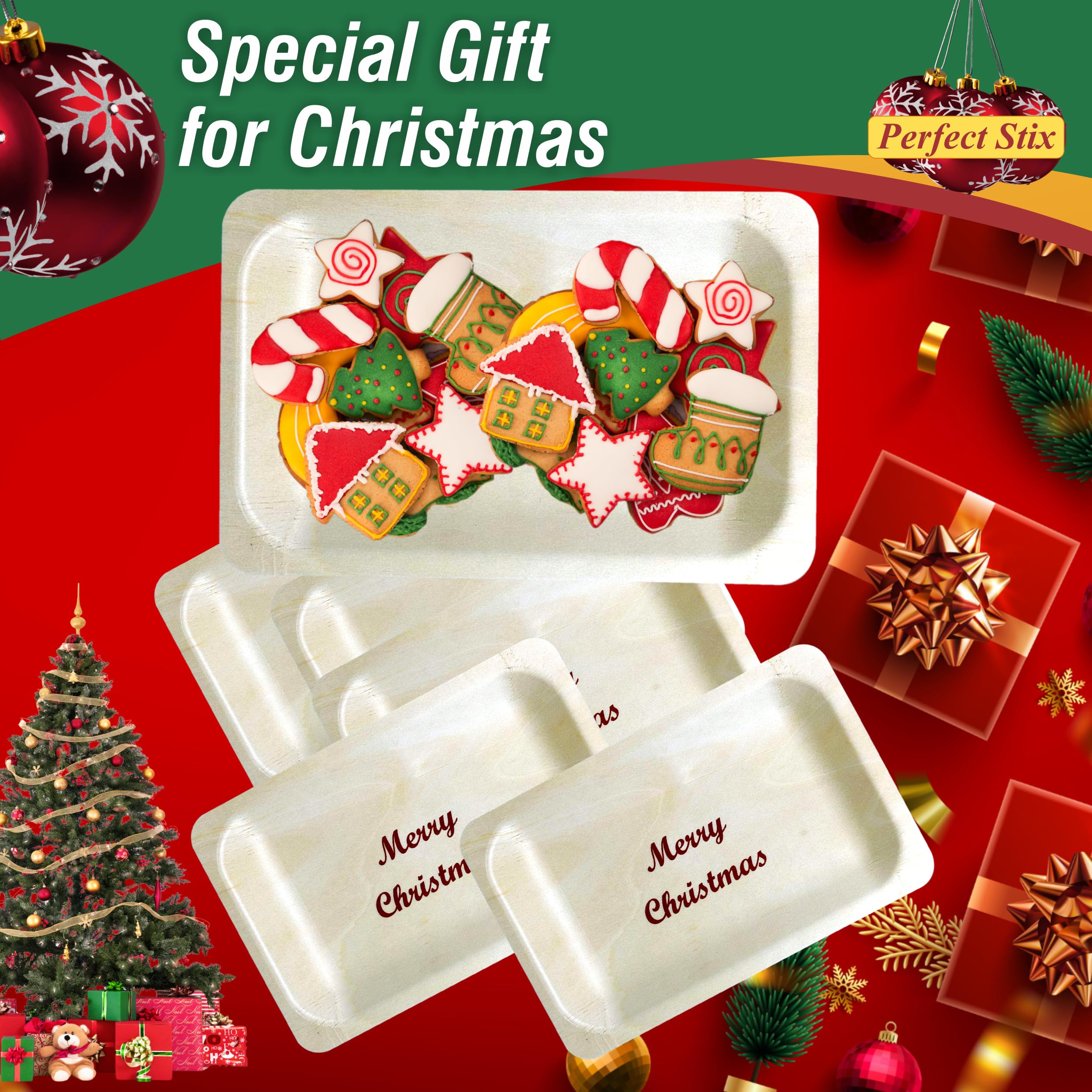 Perfect Stix 7-Inch Disposable Wooden Christmas Plates with Holiday Print - 25 Count Pack for Christmas Parties, Dinnerware & Festive Celebrations