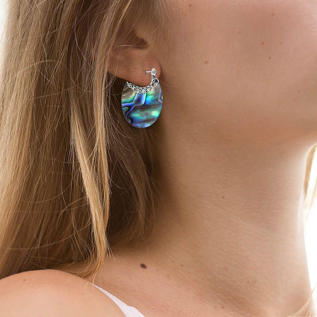 925 Sterling Silver Genuine Abalone Shell Hoop Earrings - Handmade Boho Jewelry for Women - Natural Abalone Bali Dangling Earrings - Perfect for Birthday Gifts, Beach Parties & Boho Fashion Accessories