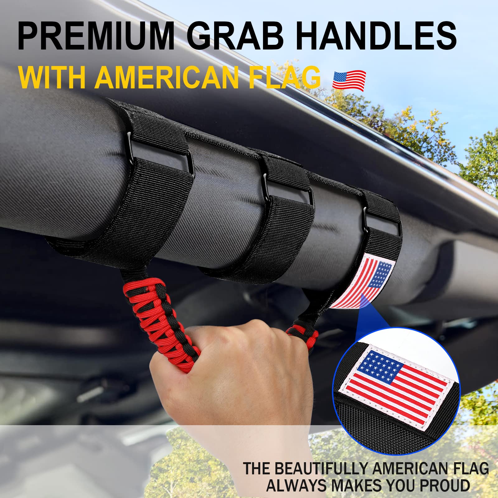 4 Pack Roll Bar Grab Handles for Jeep Wrangler JL JK TJ YJ & Gladiator (1955-2023) - Heavy Duty Paracord Grip with Metal Buckle - Durable Off-Road Accessories (Red) - Perfect for Trail Riding & Adventure Trips