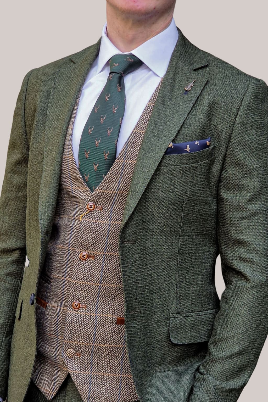 Fratelli Robbie Men's Green Tweed Suit with Marc Darcy Tan Tweed Waistcoat | Classic 3-Piece Wedding Suit | Perfect for Formal Events, Business Meetings & Special Occasions