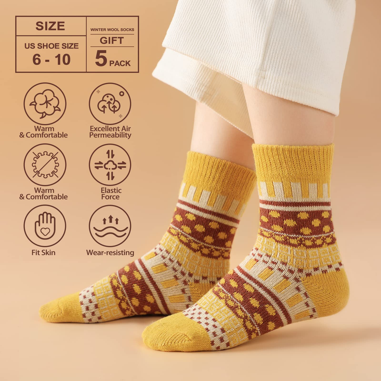 5 Pairs Women's Wool Winter Socks - Thick Thermal Knit Warm Cozy Socks for Cold Weather | Perfect for Hiking, Snow Boots & Indoor Comfort