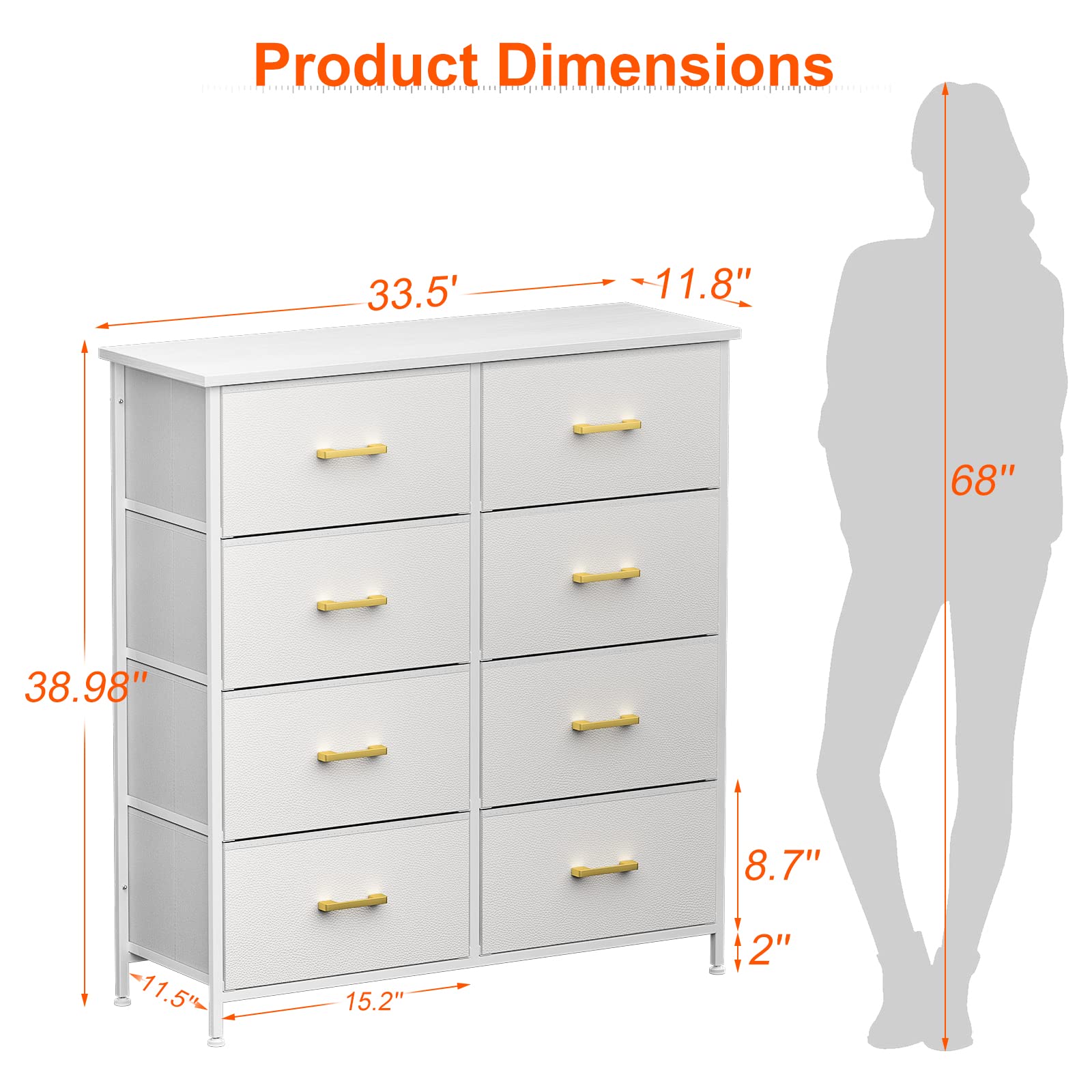 8-Drawer Tall Dresser for Bedroom - White Chest of Drawers with Sturdy Steel Frame, Fabric Bins & Wood Top - Perfect for Closet, Living Room, Nursery or Hallway Storage & Organization