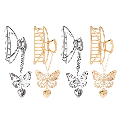 KALLORY 4Pcs Large Metal Hair Claw Clips with Butterfly Pendant - Non-Slip Jaw Hair Clips for Women | Perfect for Updos, Ponytails & Everyday Hairstyles