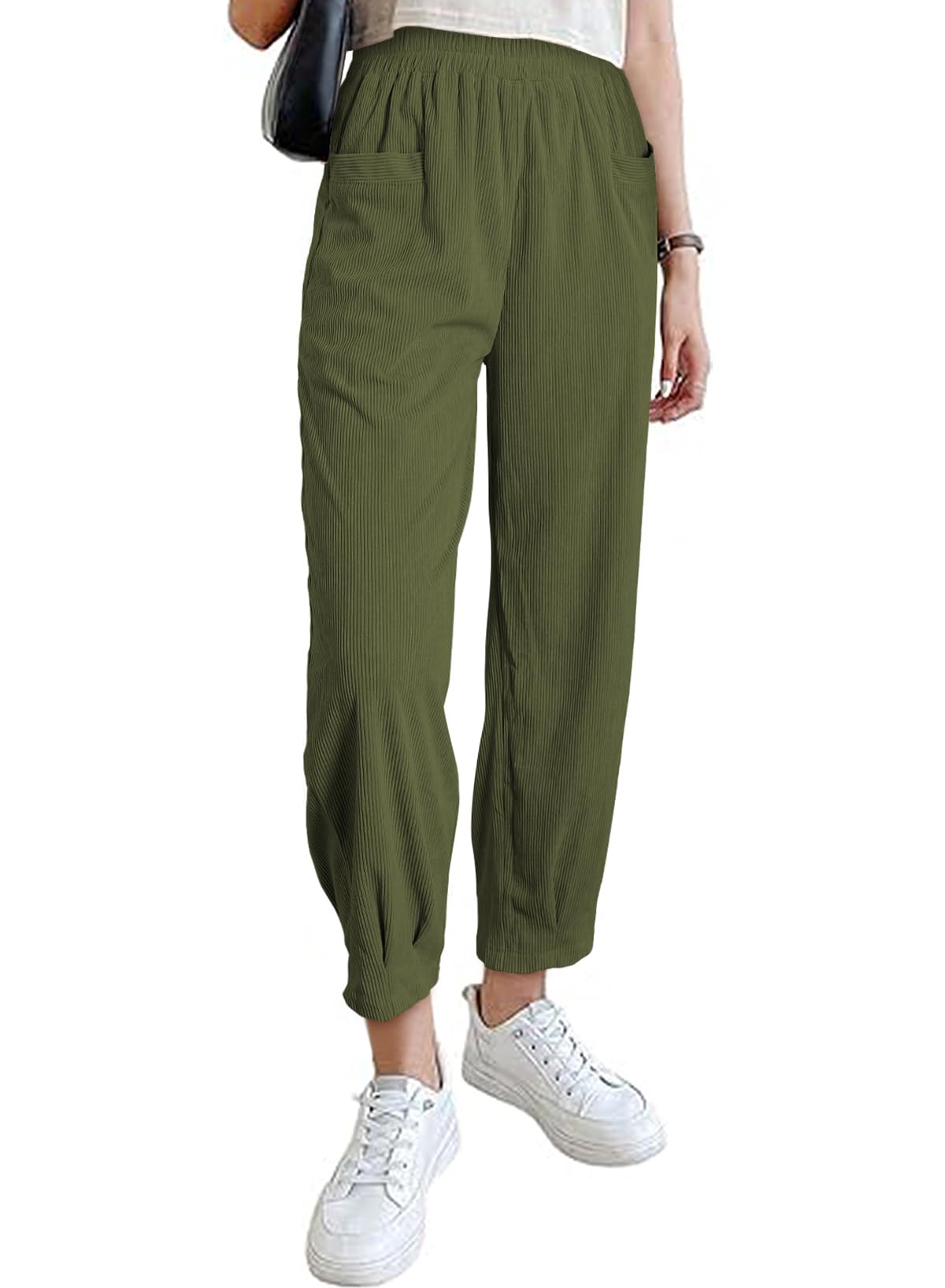 EVALESS Women's High Waist Corduroy Pants - Stretchy Elastic Waistband, Tapered Leg, Pull-On Ankle Work Pants - Comfortable Fall Trousers for Office, Casual Wear & Autumn Outfits 2023