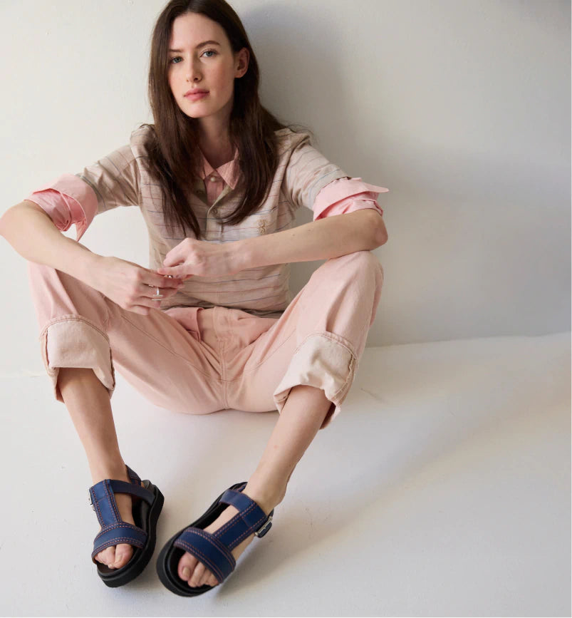 Visby T Bar Sandal for Women - Comfortable Ink Leather Sandals with Mandarin Topstitch Design | Perfect for Summer, Beach, and Casual Outings