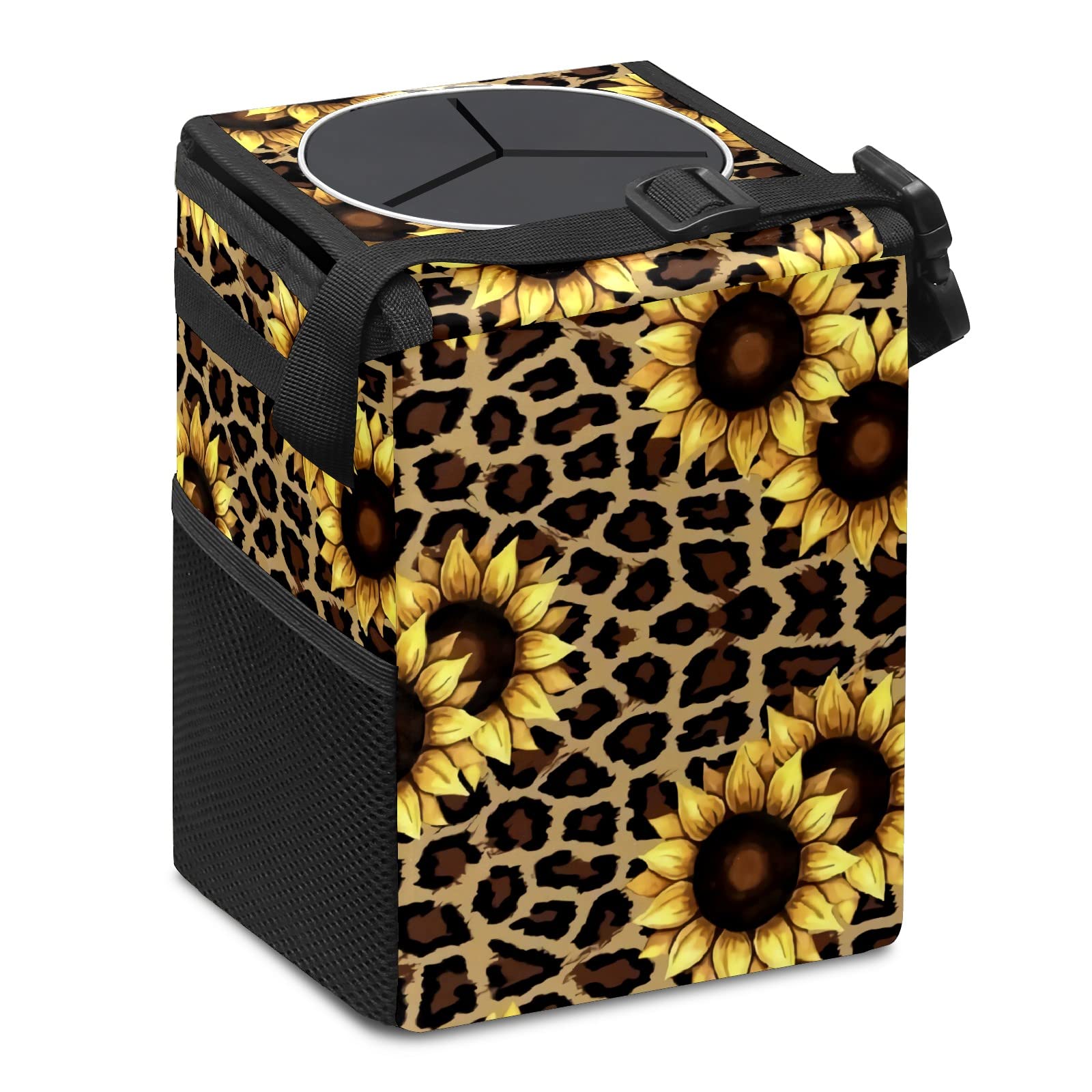 Leopard Sunflower Car Trash Can with Lid - Collapsible Reusable Waterproof Auto Garbage Bin for Car, Truck & SUV | Vehicle Interior Organizer Accessory | Perfect for Road Trips, Commuting & Family Travel