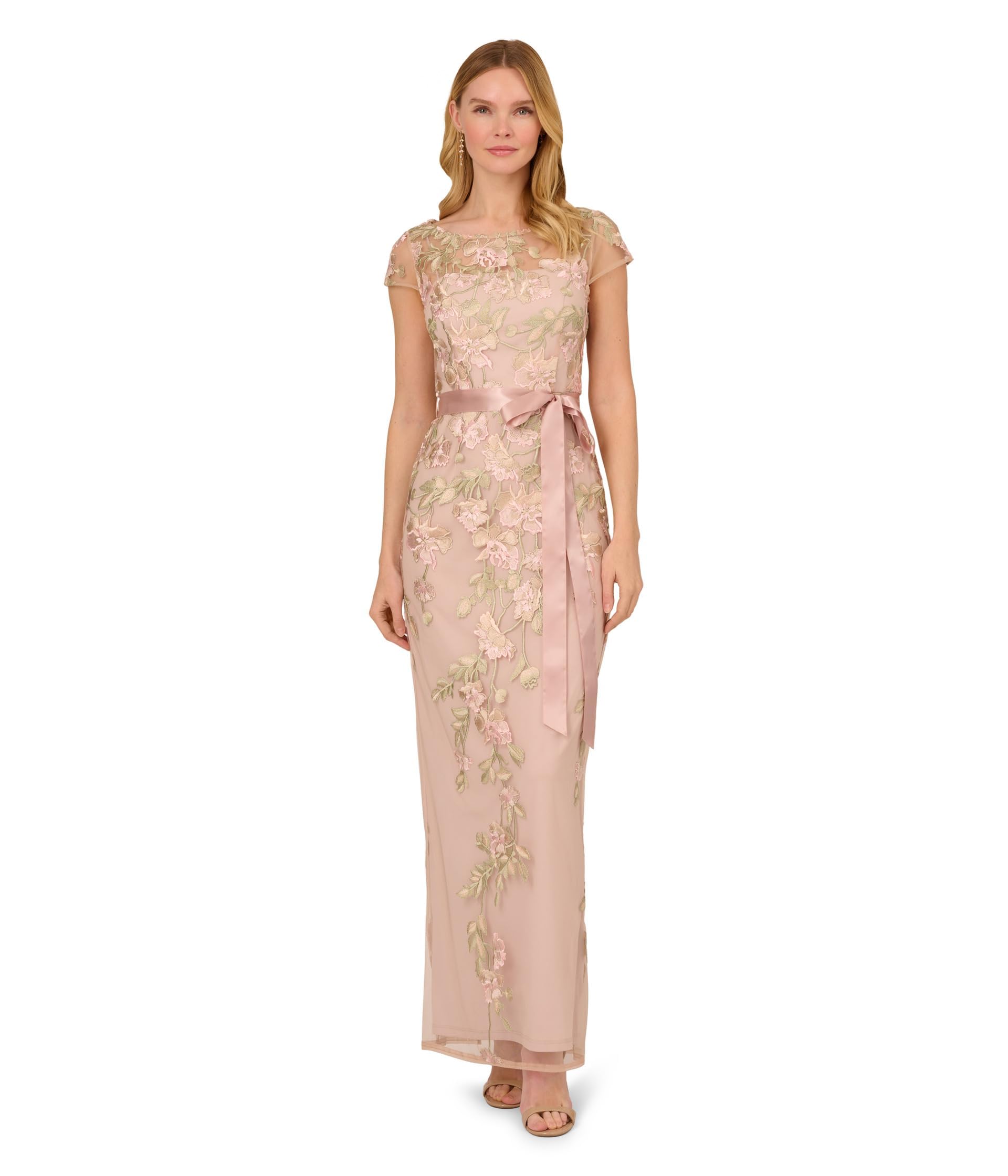 Adrianna Papell Women's Cascading Floral Gown in Merlot Multi/Nude - Elegant Formal Dress for Weddings, Galas & Special Occasions