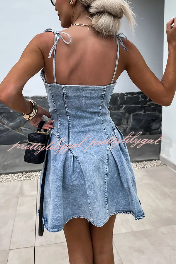 Sweet and Unique Washed Denim Stretch Mini Dress with Center Front Zipper - Perfect for Casual Outings, Date Nights & Summer Parties
