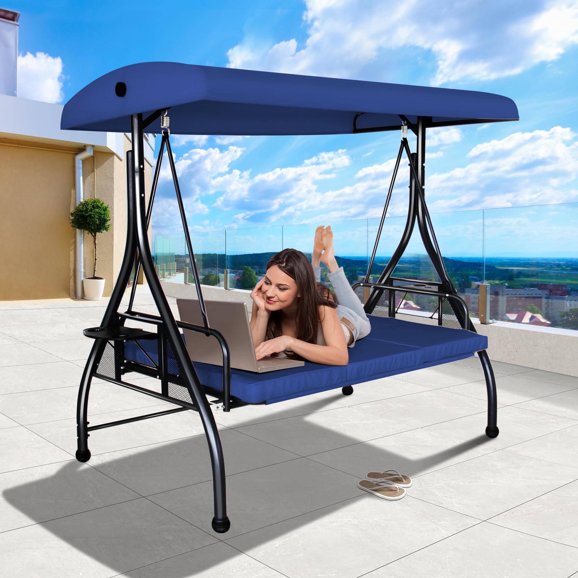 COVERONICS 3-Seat Outdoor Porch Swing with Convertible Canopy - Adjustable Shade & Removable Cushions - Navy Blue Patio Lounge Chair for Deck, Backyard, Poolside - Perfect for Relaxing, Sunbathing & Outdoor Entertaining