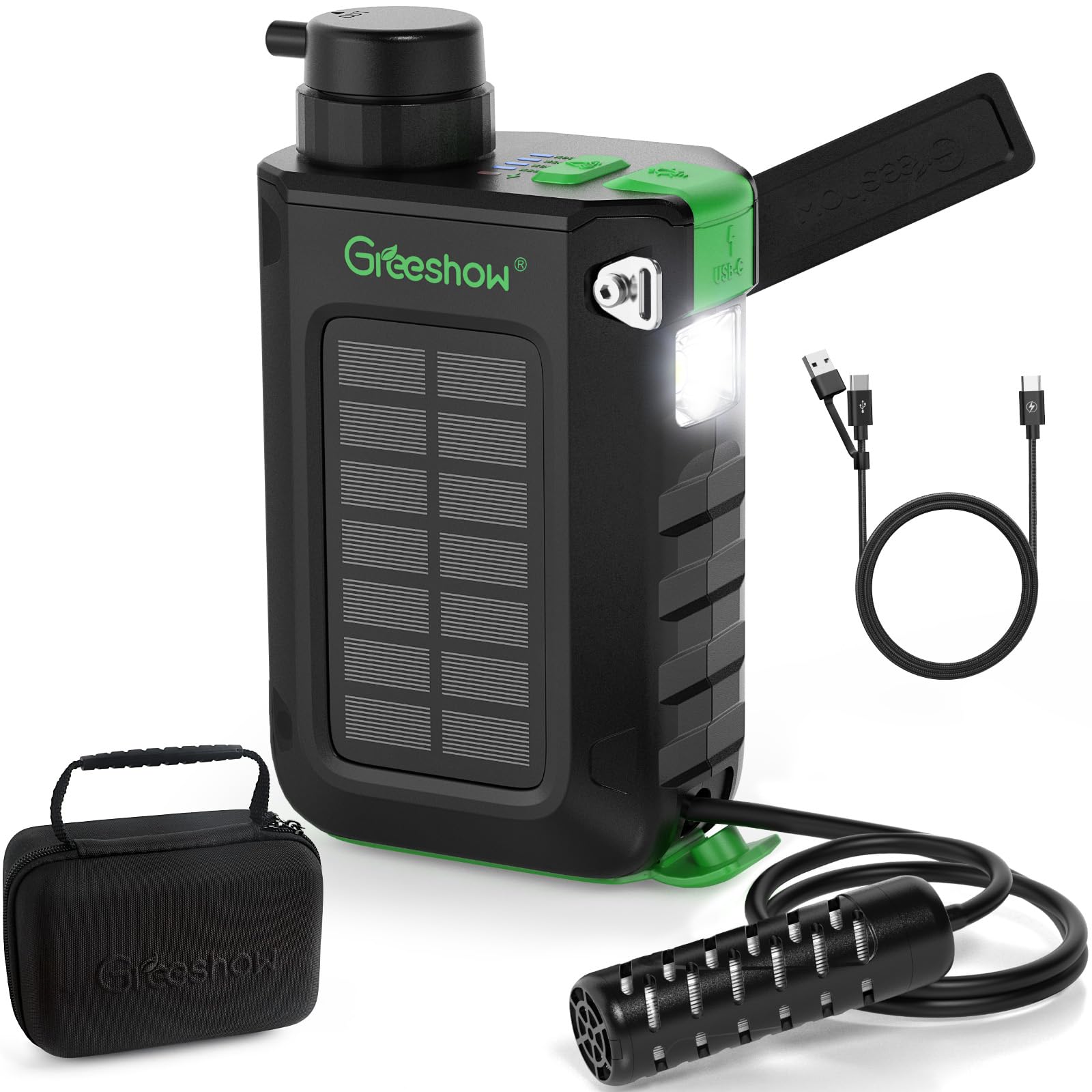 **Greeshow Portable Water Filter for Camping & Survival - Solar Powered, Hand Crank, USB Charging, Emergency Light, Phone Charger | Outdoor Hiking, Backpacking, Travel, Emergency Preparedness (Model GS-2811)**