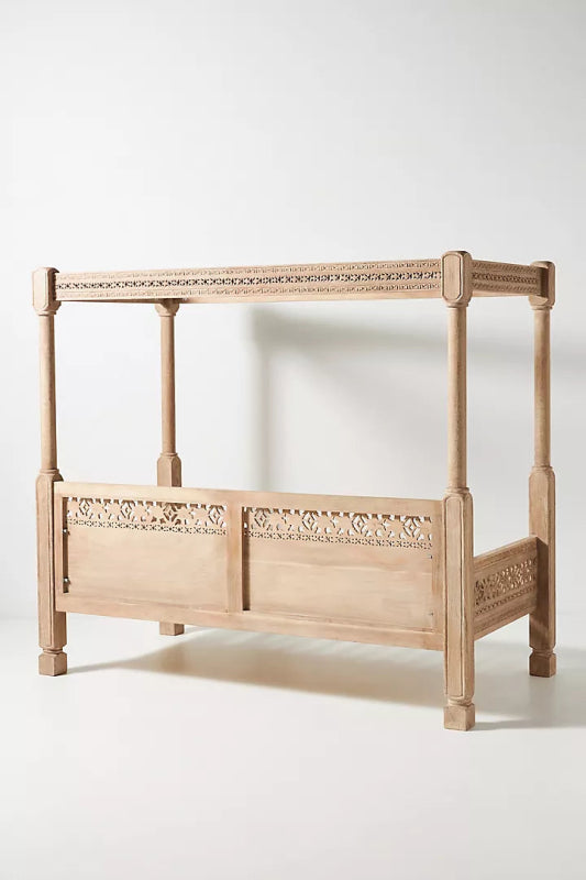 Hand Carved Solid Wooden Ezana Indian Canopy Daybed - Elegant Boho Style Outdoor/Indoor Lounger for Patio, Garden, or Bedroom Decor