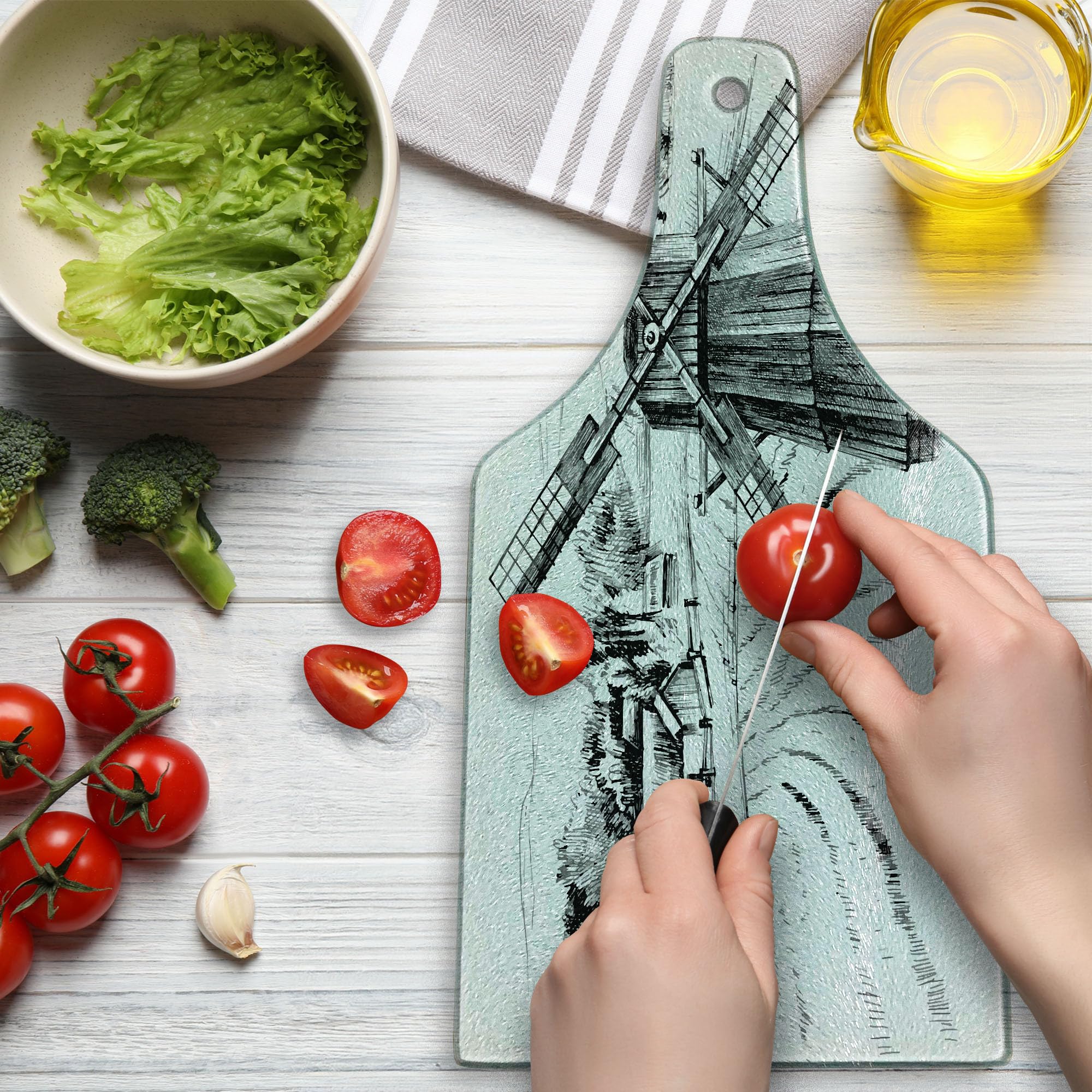 Ambesonne Landscape Cutting Board - Hand Drawn Rural Scenery with Small Town, Farm Houses, Forest and Mill - Romantic Sketch Design on Tempered Glass for Cutting & Serving - Wine Bottle Shaped Board in Black & White - Perfect for Kitchen Decor, Charcuterie Platters & Wine Pairing Parties