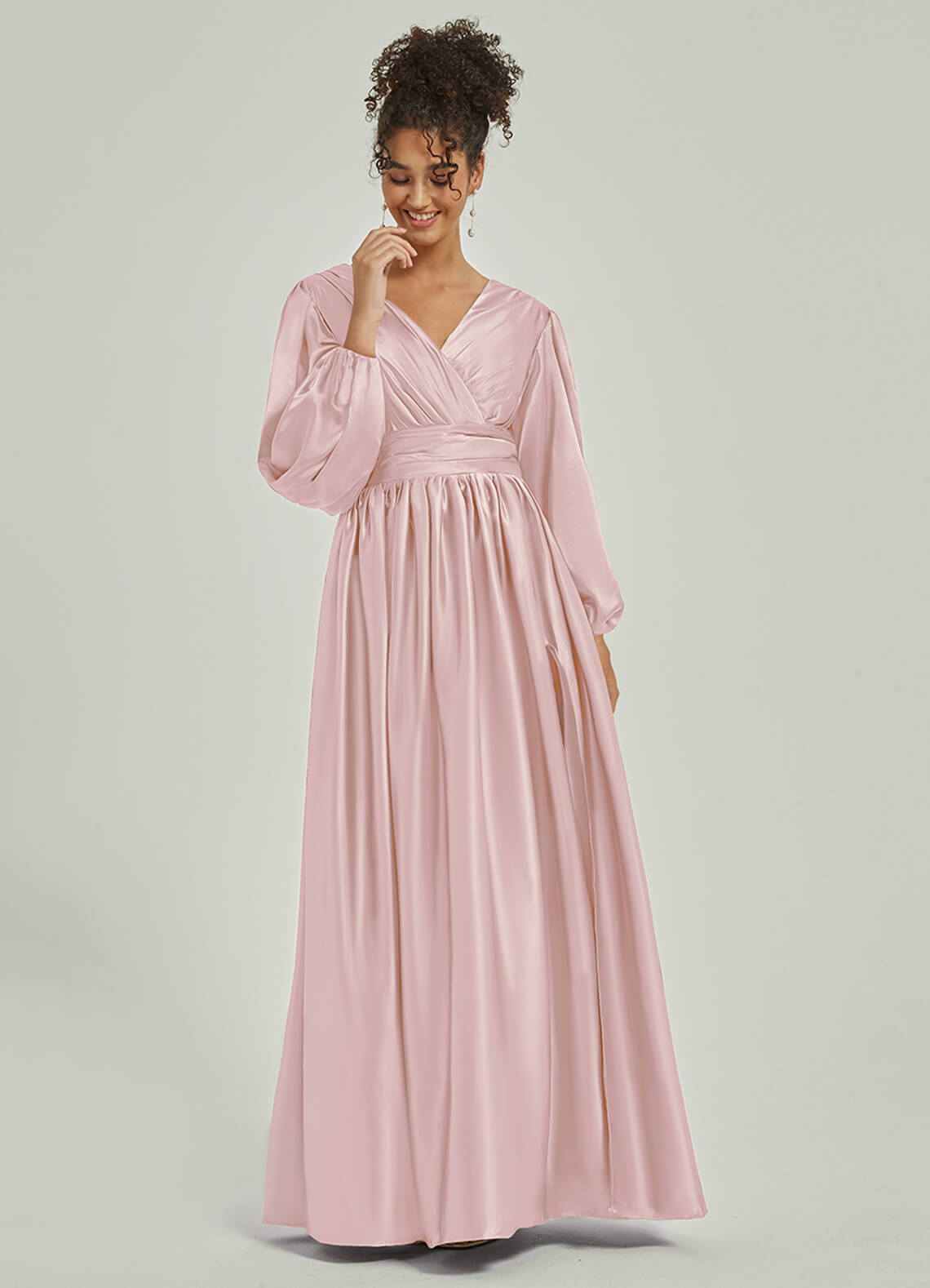 Elegant Blush Satin Bridesmaid Dress with 3/4 Sleeves, V-Neck & Slit Pleated Detail - Perfect for Weddings, Parties & Formal Events