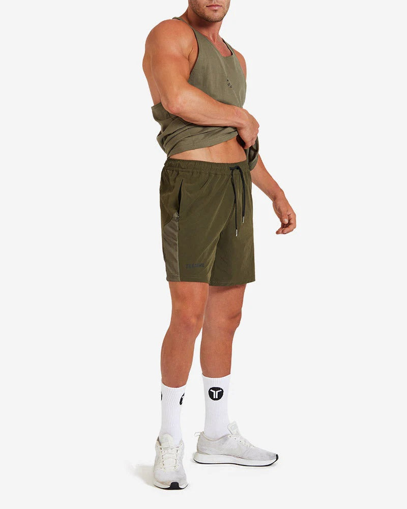 Teamm8 Level 6.5 Shorts - Khaki Green Men's Athletic Running Workout Shorts for Gym, Jogging & Outdoor Activities