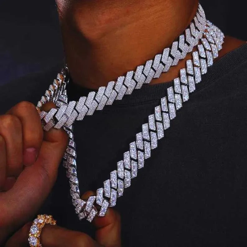 24K Silver Plated VVS Moissanite Iced Out Cuban Link Chain Necklace for Men - Hip Hop Jewelry, Gift for Him, Birthday & Anniversary Present