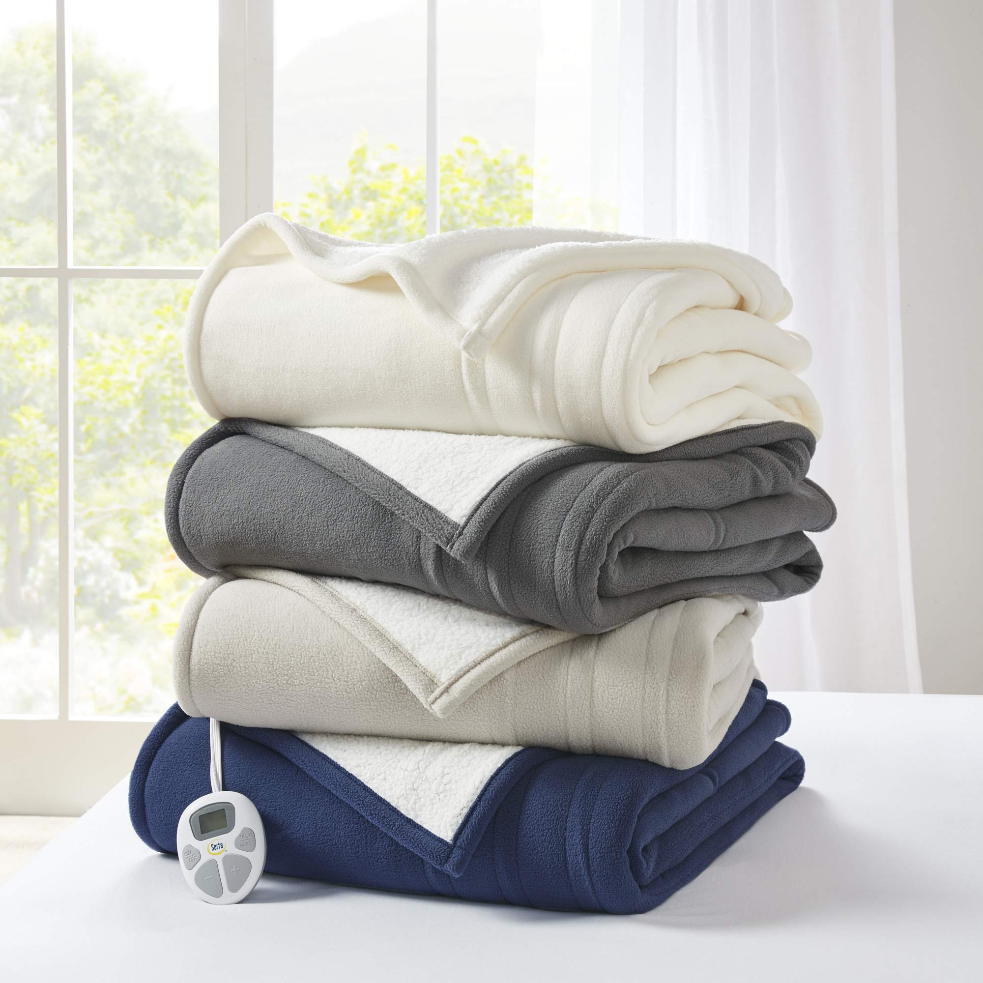 Serta Reversible Fleece to Sherpa Electric Blanket - Fast Heating with Auto Shut Off Timer & Multi Heat Settings - ETL Certified, Machine Washable - Tan Twin 84