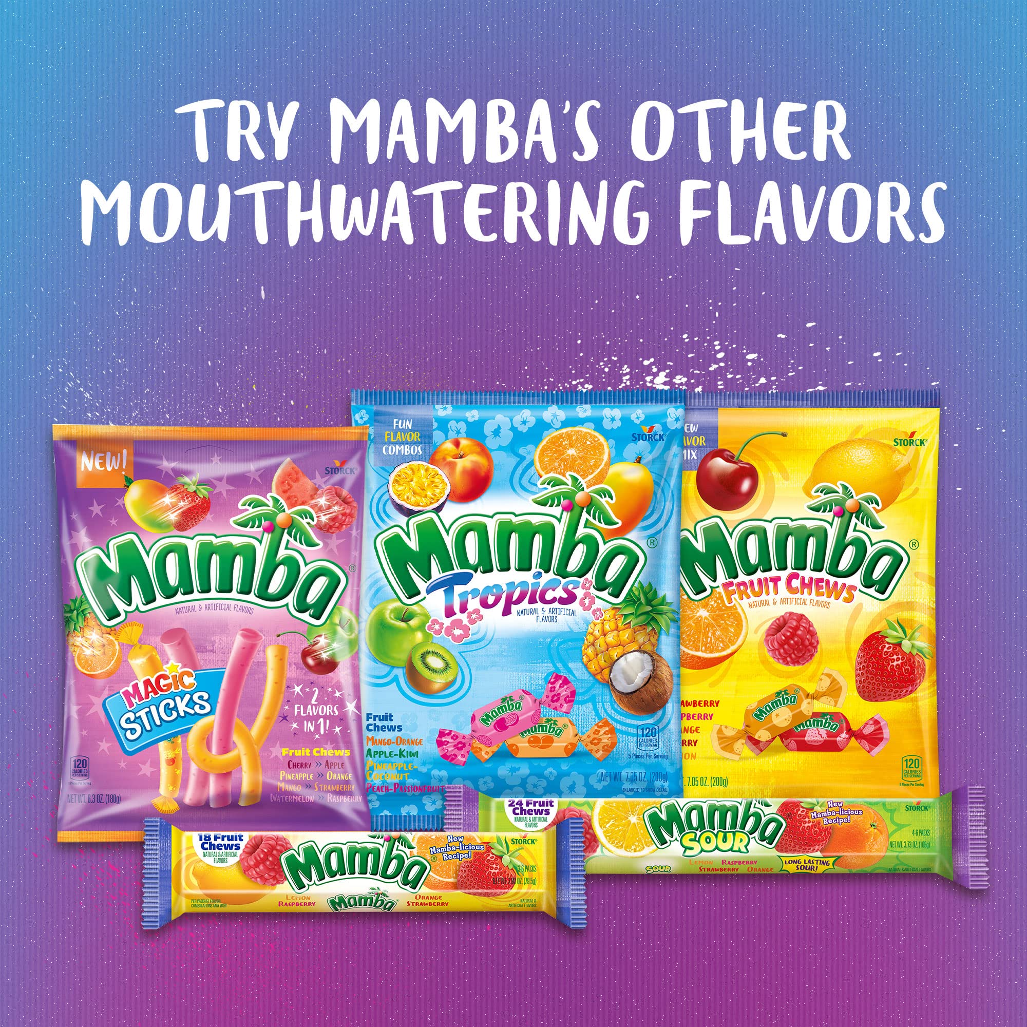 Mamba Tropics Fruit Chews Candy - 24 Count Pack (24 Individual Packs) | Assorted Fruit Flavored Soft Candy | Perfect for Parties, Snacking & Lunchboxes