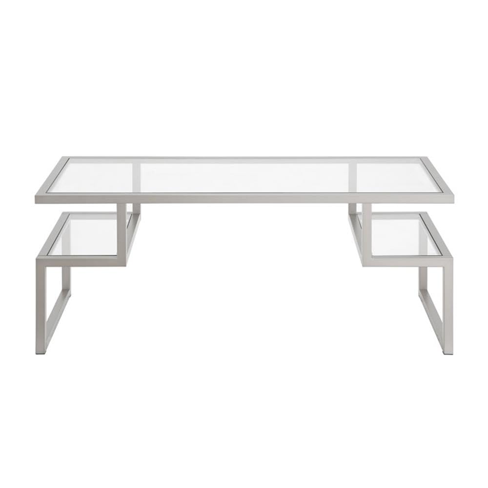 Modern Metal Hollywood Coffee Table with Satin Nickel & Gray Finish, Tempered Glass Top - Perfect for Living Room, Lounge & Office Decor