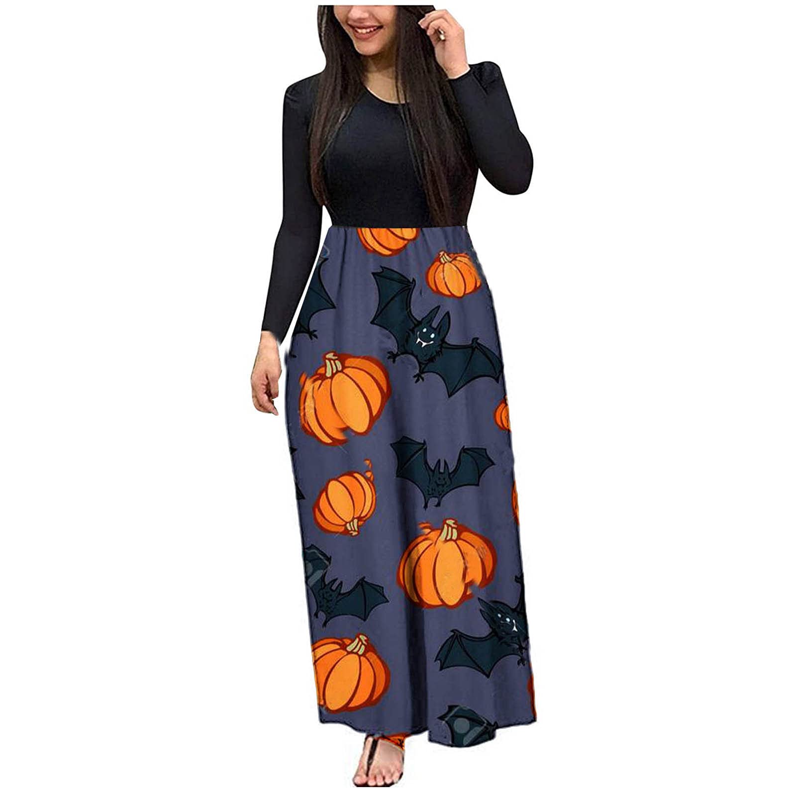 Women's Halloween Printed Maxi Dress - Long Sleeve Patchwork T-Shirt Dress for Casual Wear | Perfect for Halloween Parties, Fall Fashion & Boho Style Outfits
