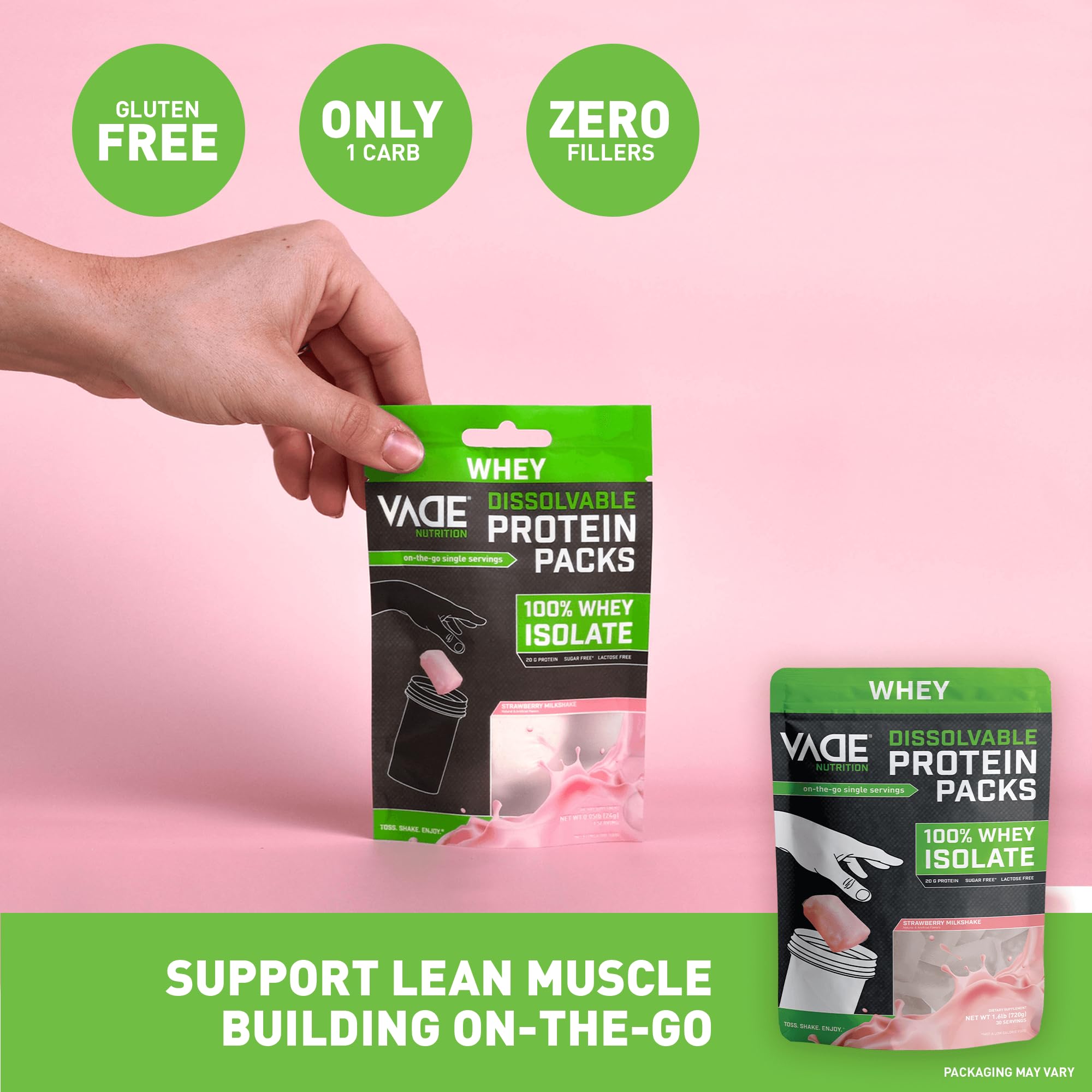 VADE Nutrition Dissolvable Protein Packs - Strawberry Milkshake Whey Isolate Protein Powder | Low Carb, Low Calorie, Lactose & Gluten Free, Fat & Sugar Free | 30 Servings for Gym, Workout Recovery & On-The-Go Nutrition