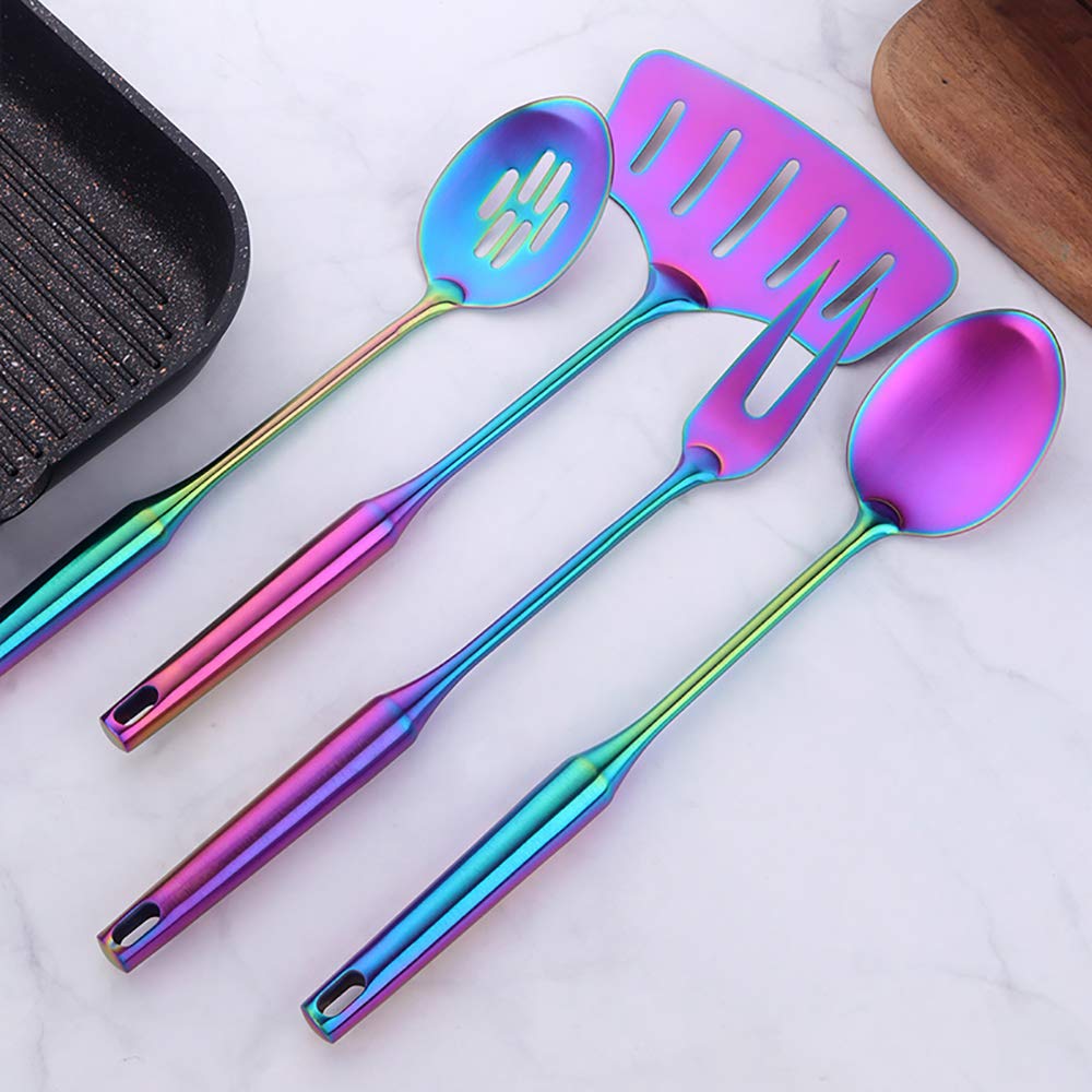 Premium 18/8 Stainless Steel Kitchen Utensil Set - 10 Piece Non-Tick Cooking Tools with Long Handles (Rainbow Color) for Baking, Frying & Everyday Cooking - Dishwasher Safe Kitchenware Gift Set