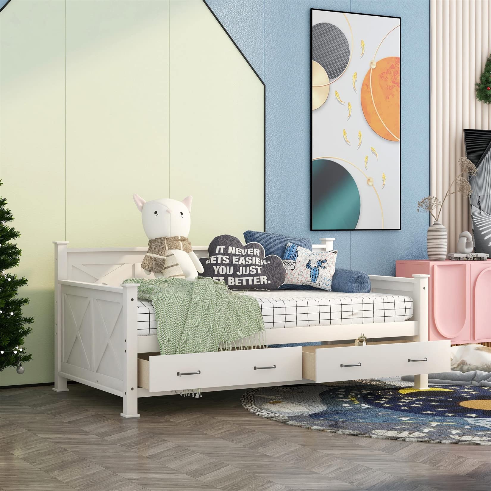 Wooden Daybed with 2 Storage Drawers - Cream Platform Bed for Kids, Guest Room & Sleepovers - Space-Saving Twin Bed with Underbed Storage - Perfect for Small Bedrooms, Dorms & Apartments