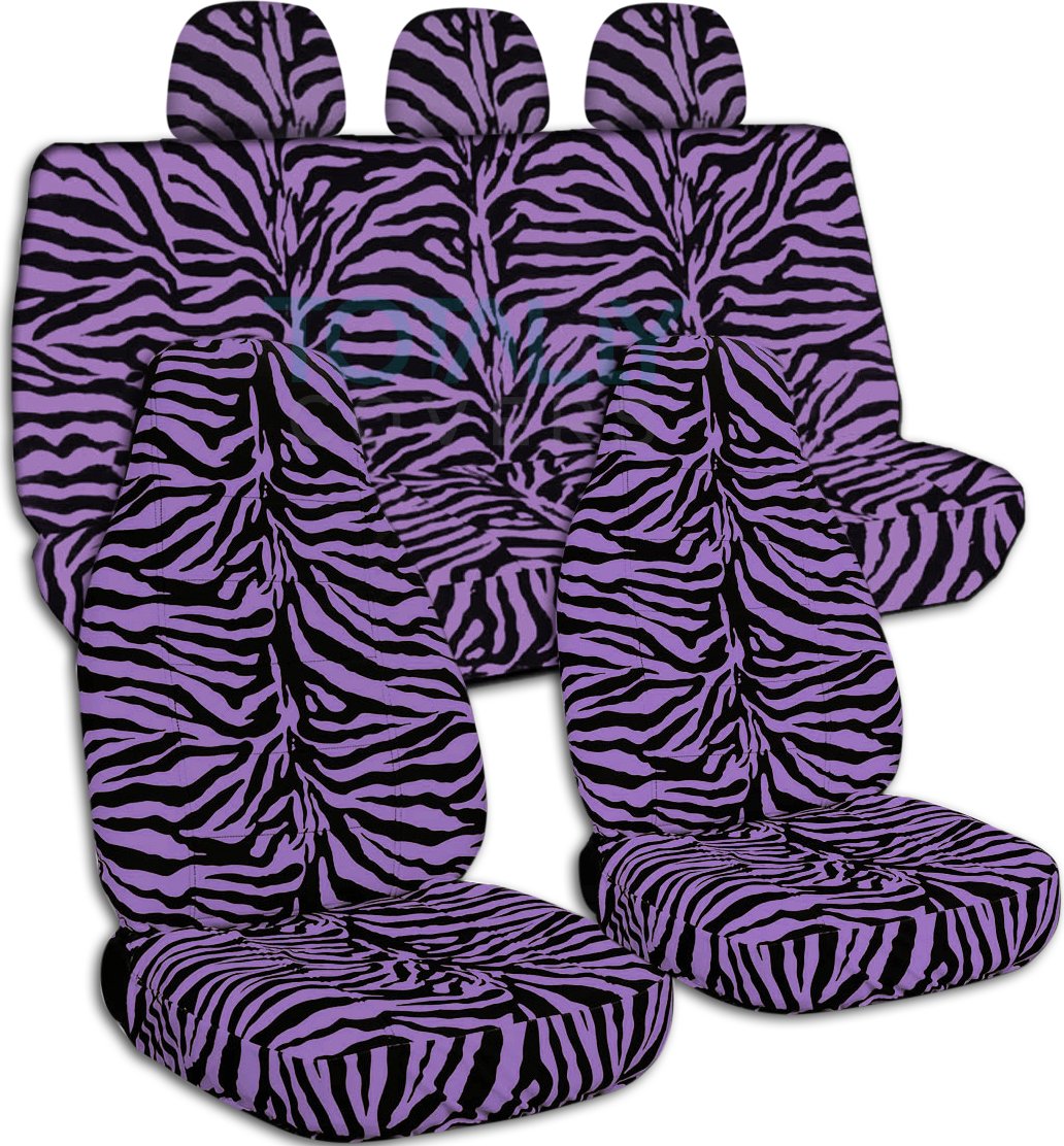 Purple Zebra Print Car Seat Covers Full Set with 3 Rear Headrest Covers - Universal Fit for Cars, Trucks, Vans, RVs & SUVs - 30 Animal Print Options - Perfect for Road Trips, Family Travel & Vehicle Protection