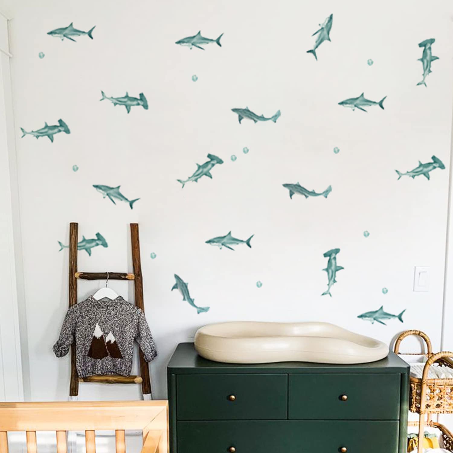 QUCHENG Removable Shark Wall Decals - 5-Piece Watercolor Ocean Theme Vinyl Stickers for Kids Room, Nursery & Living Room Decor - Waterproof & Easy to Apply - Perfect for Underwater Themed Bedrooms & Playrooms