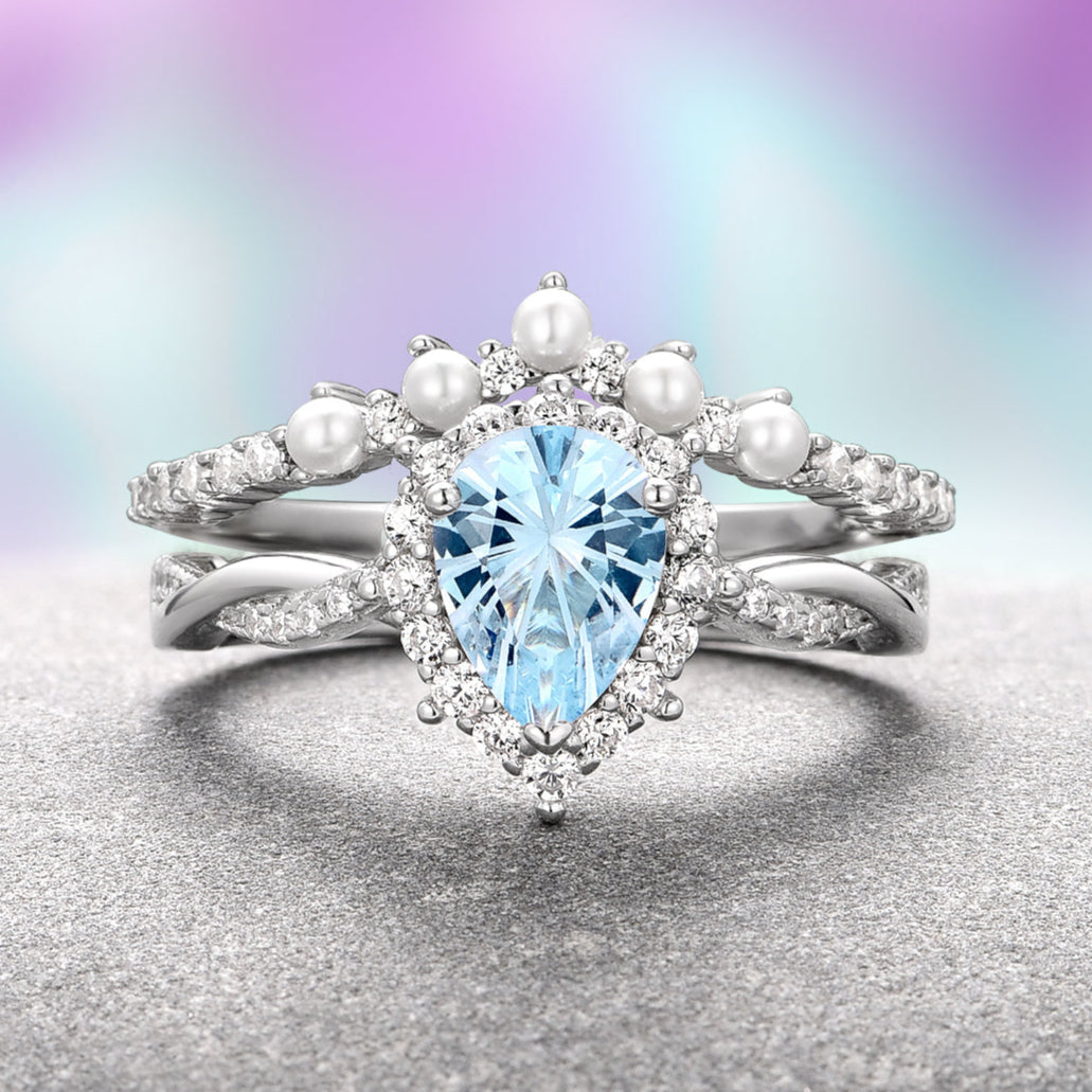 Briar Aquamarine and Pearl Ring Set - Sterling Silver Jewelry for Women, Elegant Birthstone Gift for Her, Perfect for Weddings, Anniversaries, and Special Occasions