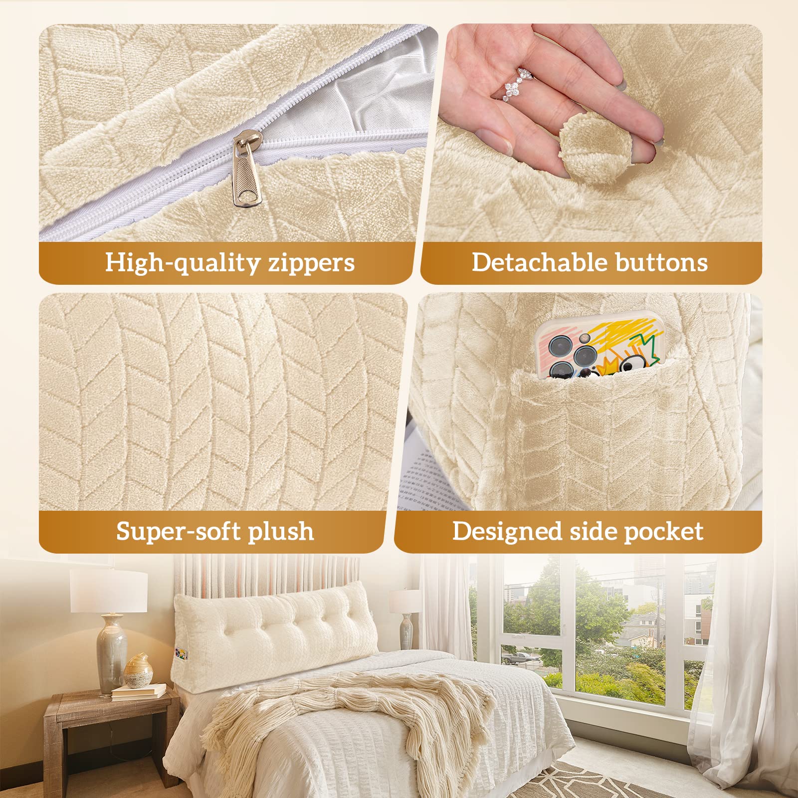 Triangular Wedge Headboard Pillow - Large Bolster Bed Rest Pillow for Reading & Back Support - Removable Cover - Perfect for Bed, Sofa, Floor & Reading Nook
