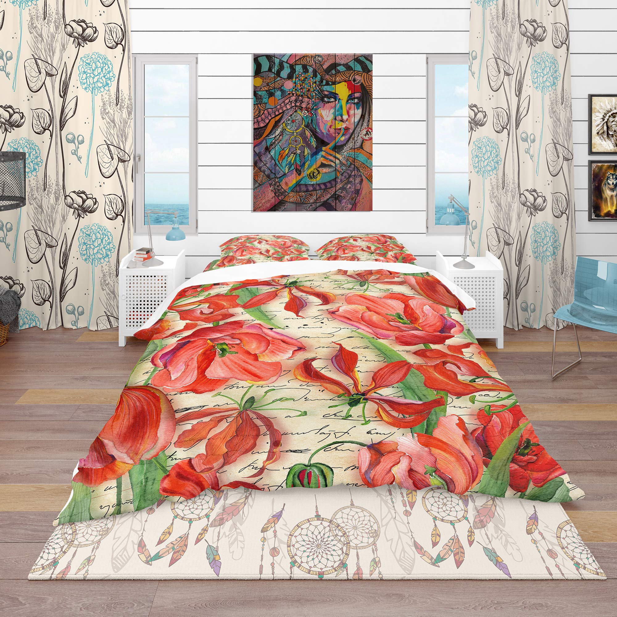 Red Floral Duvet Cover King Set - Coastal Nautical Bedding for All Seasons