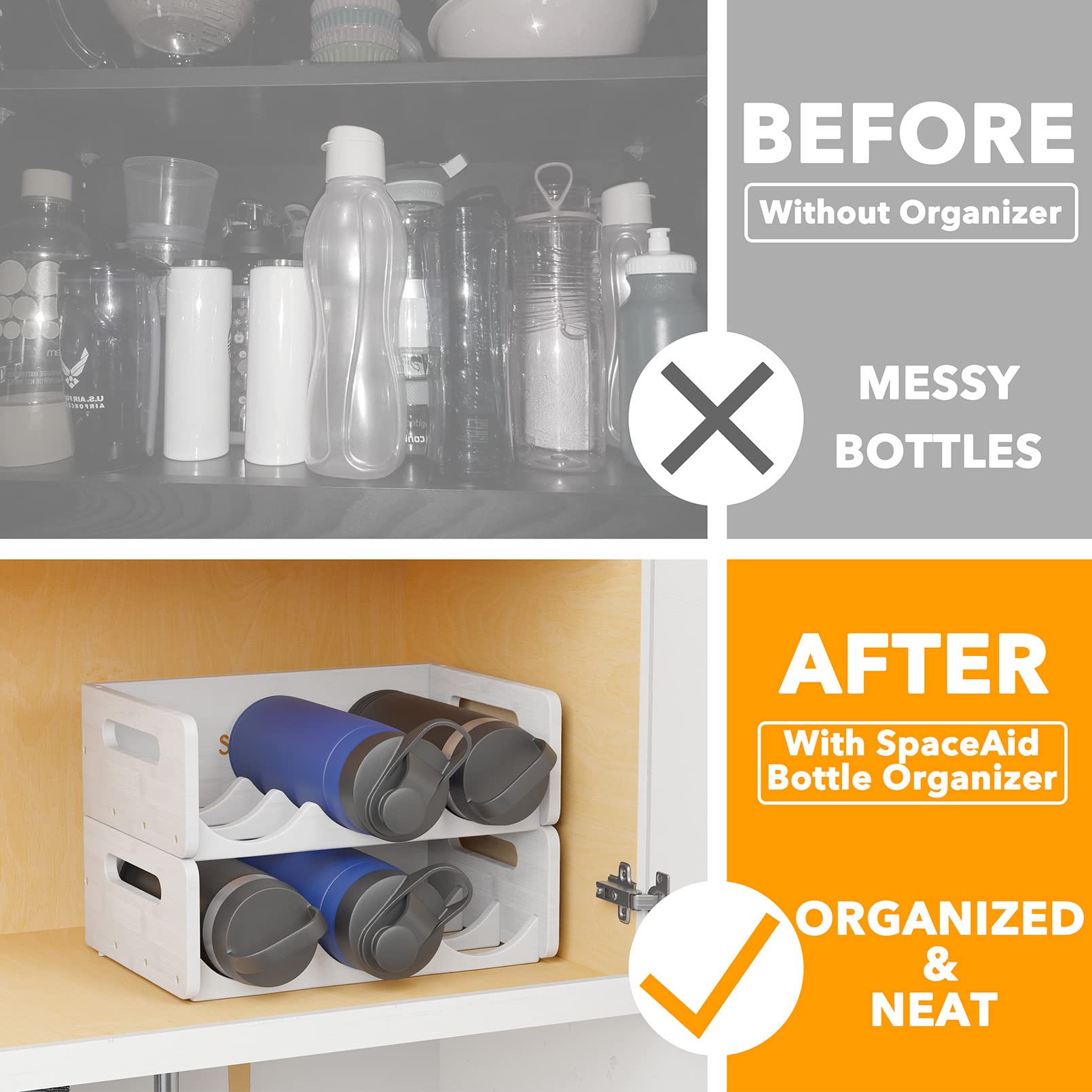 SpaceAid Bamboo Water Bottle Organizer with Labels - 2 Pack 3-Slot Kitchen Pantry Storage Rack for Cabinets, Home Cup & Wine Bottle Holder Shelf Organizer (White) - Perfect for Kitchen, Pantry & Bathroom Organization