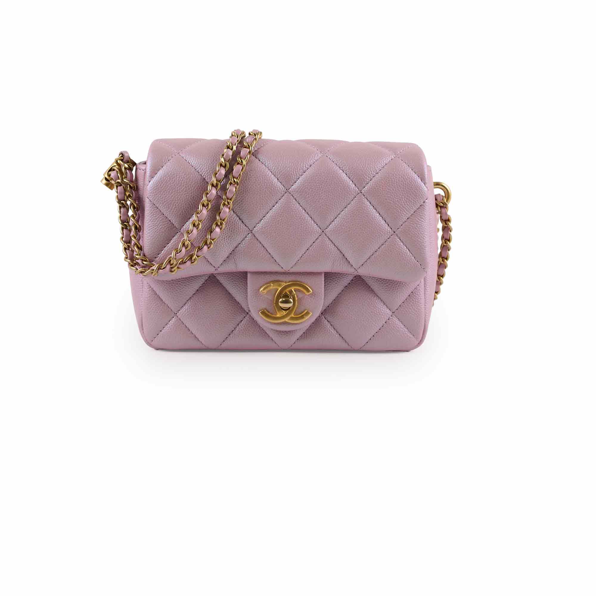 Chanel Caviar Leather My Perfect Square Mini Bag Iridescent Pink with Microchip - Perfect for Evening Parties, Weddings & Special Occasions