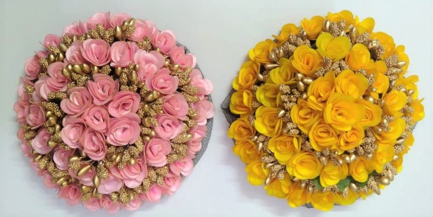 Ruchi Full Gajra Bun Hair Flower - 2 Pack Artificial Floral Hair Accessories for Women & Girls (Pink & Yellow) - Perfect for Weddings, Parties & Traditional Events