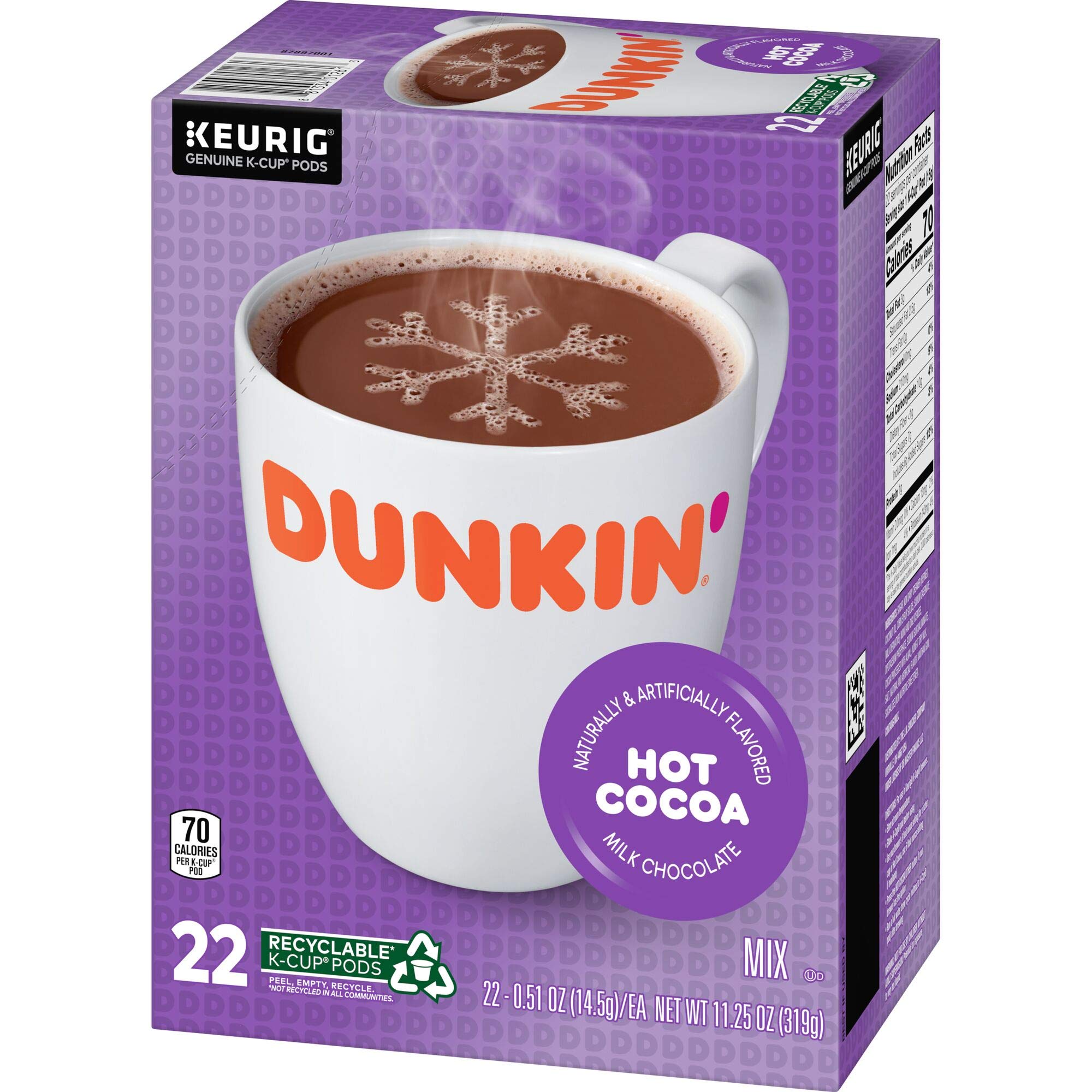 Dunkin' Milk Chocolate Hot Cocoa K-Cups - 88 Count Pods for Keurig Brewers | Rich & Creamy Hot Chocolate Drink Mix | Perfect for Winter Warmth, Holiday Gifts & Cozy Family Moments