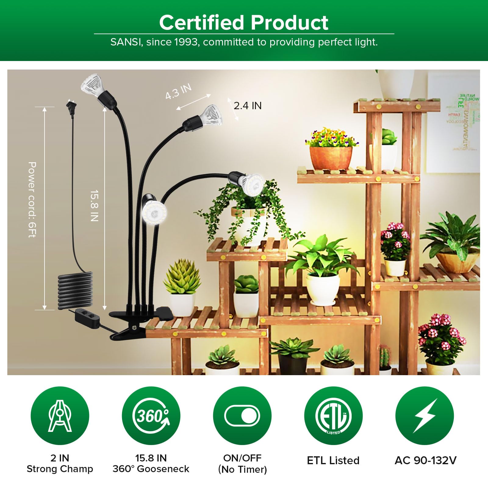 SANSI 600W Full Spectrum LED Grow Light for Indoor Plants, 40W High PPFD Plant Light with Adjustable Gooseneck & Clamp - Perfect for Seedlings, Hydroponics, and Home Gardening - Lifetime Free Bulb Replacement