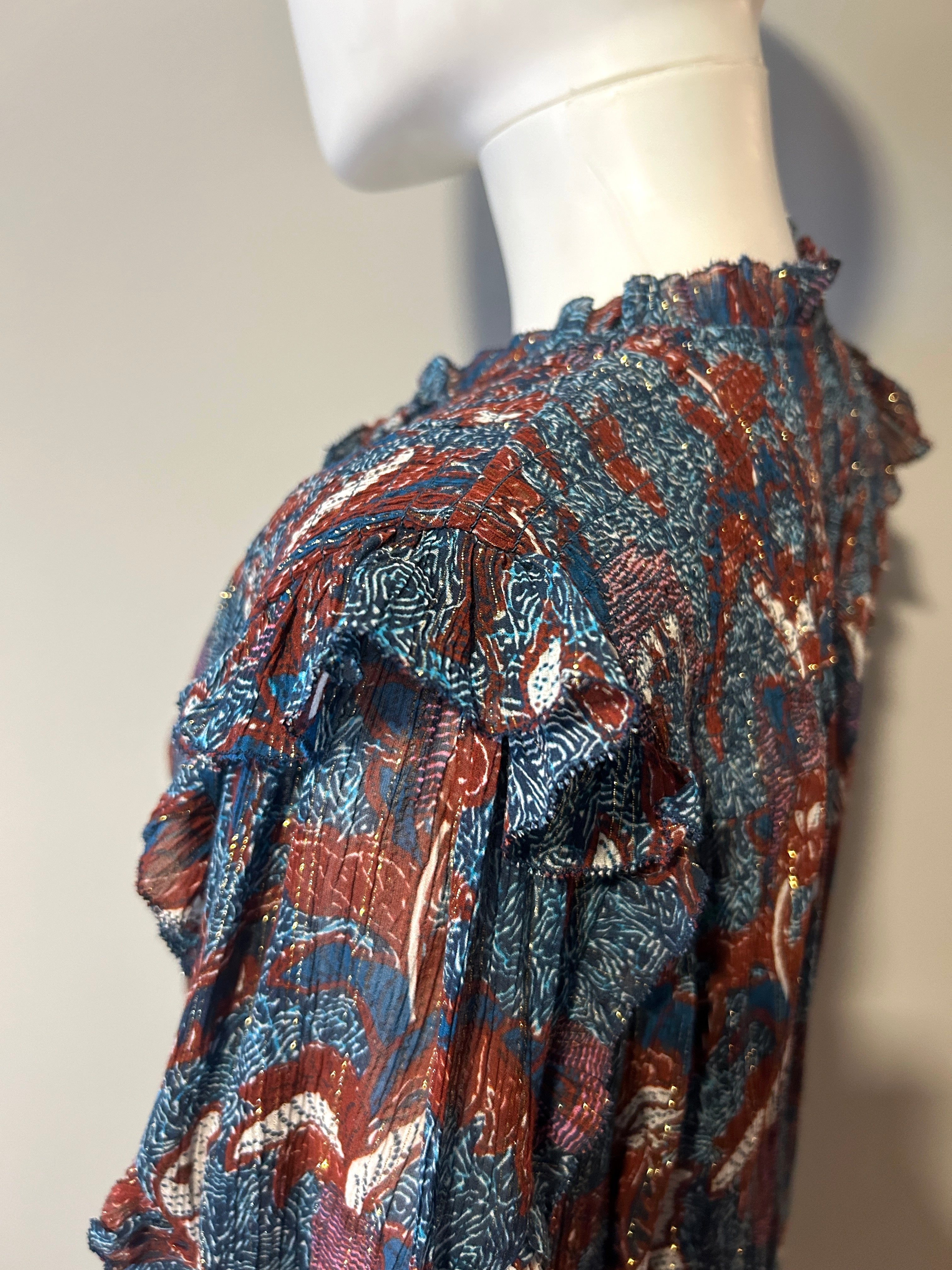 Ulla Johnson Red and Teal Floral Lurex Ruffle Blouse - Women's Size 2 - Elegant Party Top for Weddings, Cocktail Events & Date Nights